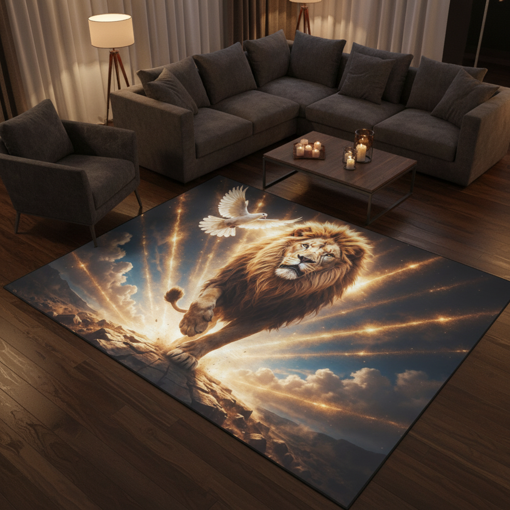 Lion of Judah and the Holy Spirit -Golden Rays and Clouds Area Rug with Black Binding (84"x60")