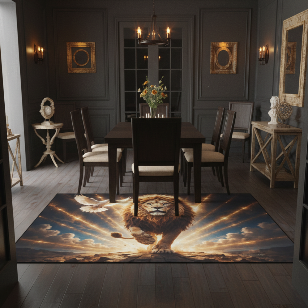 Lion of Judah and the Holy Spirit -Golden Rays and Clouds Area Rug with Black Binding (84"x60")