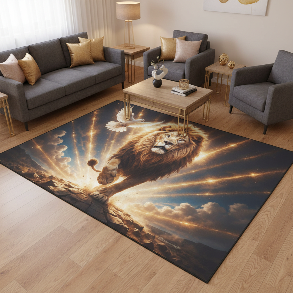 Lion of Judah and the Holy Spirit -Golden Rays and Clouds Area Rug with Black Binding (84"x60")