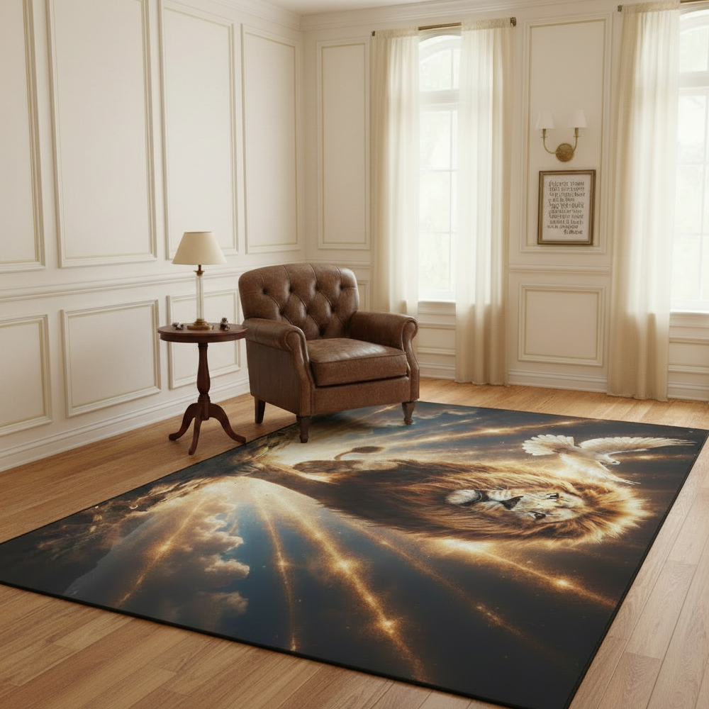 Lion of Judah and the Holy Spirit -Golden Rays and Clouds Area Rug with Black Binding (84"x60")