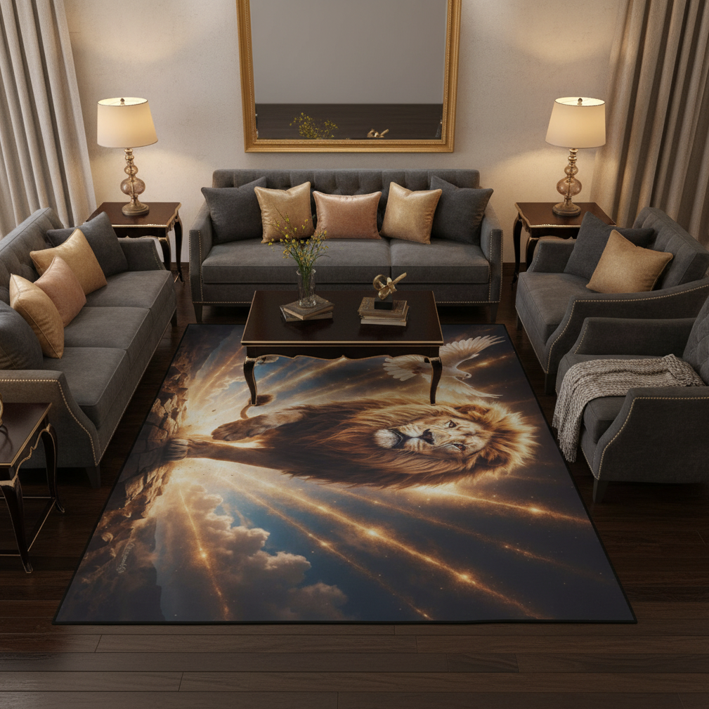 Lion of Judah and the Holy Spirit -Golden Rays and Clouds Area Rug with Black Binding (84"x60")