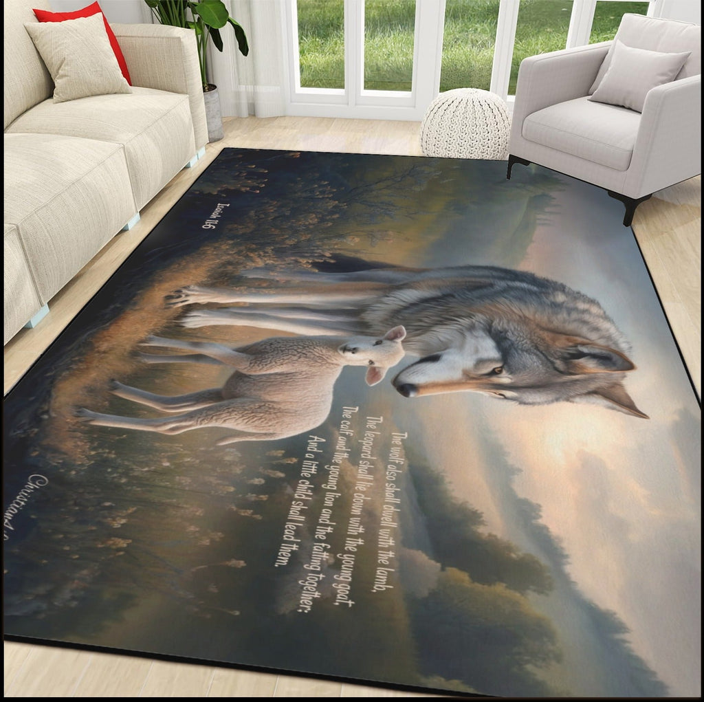 Wolf and Lamb Area Rug — With Isaiah 11:6 Quote - Christian Rug with Black Binding 84" x 60"