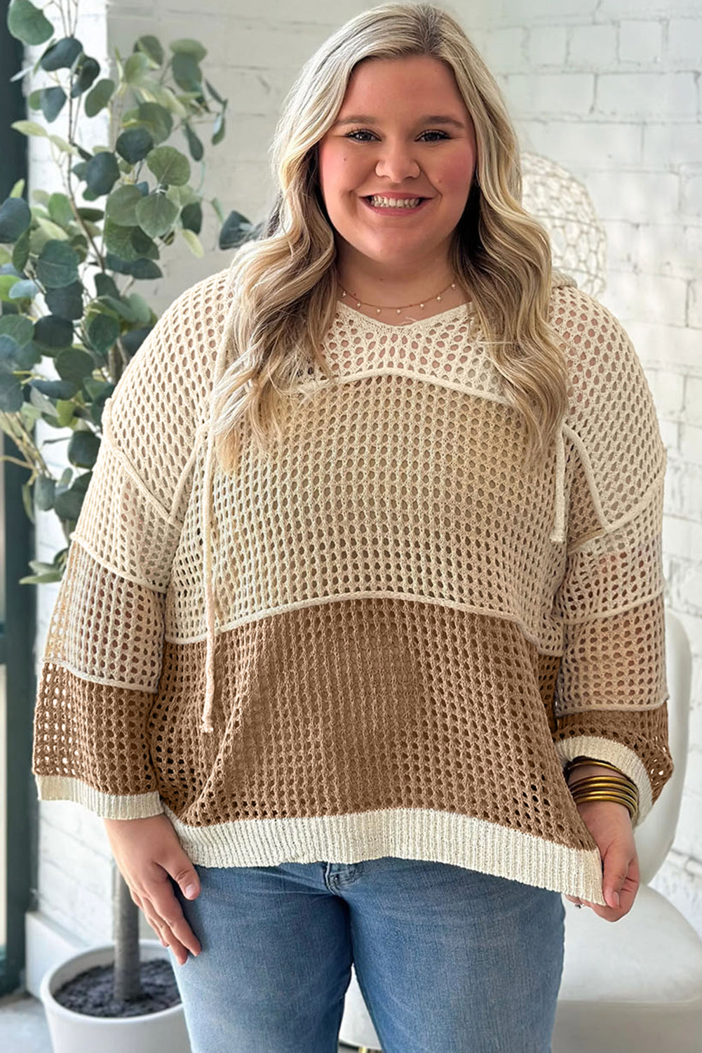 Parchment Colorblock Hollowed Knit Plus Size Hooded Jumper Sweater