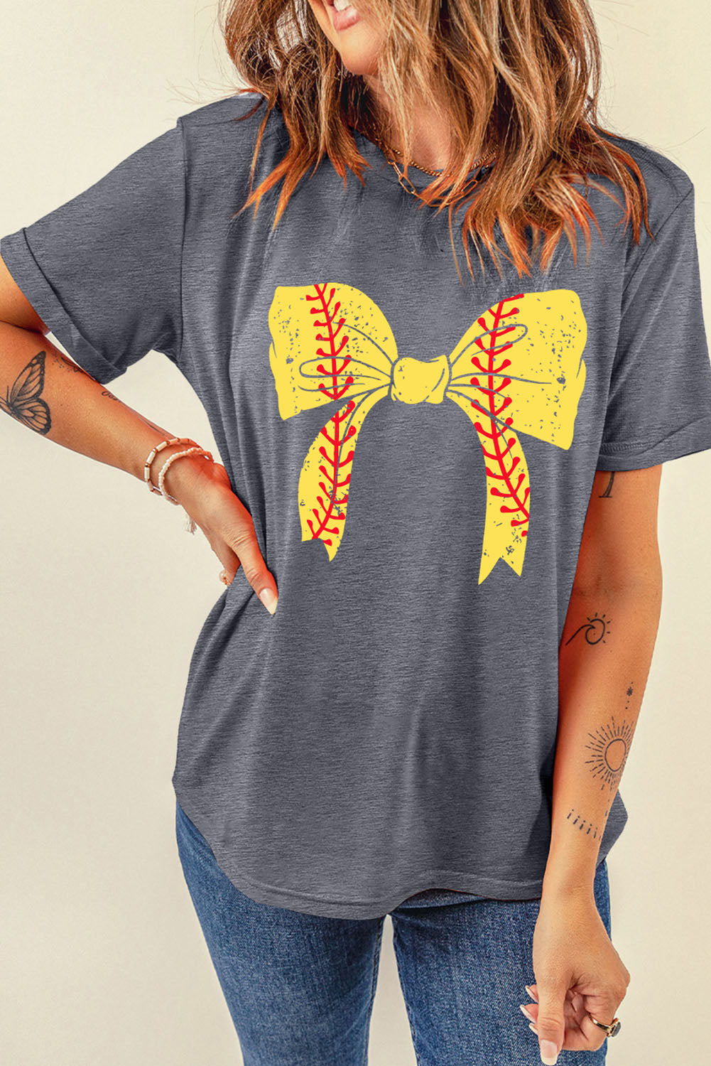 Black Baseball Bowknot Graphic Casual Tee