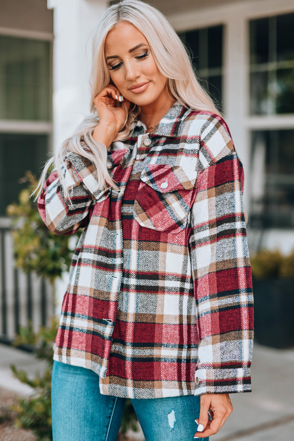 Green Geometric Plaid Print Pocketed Shacket