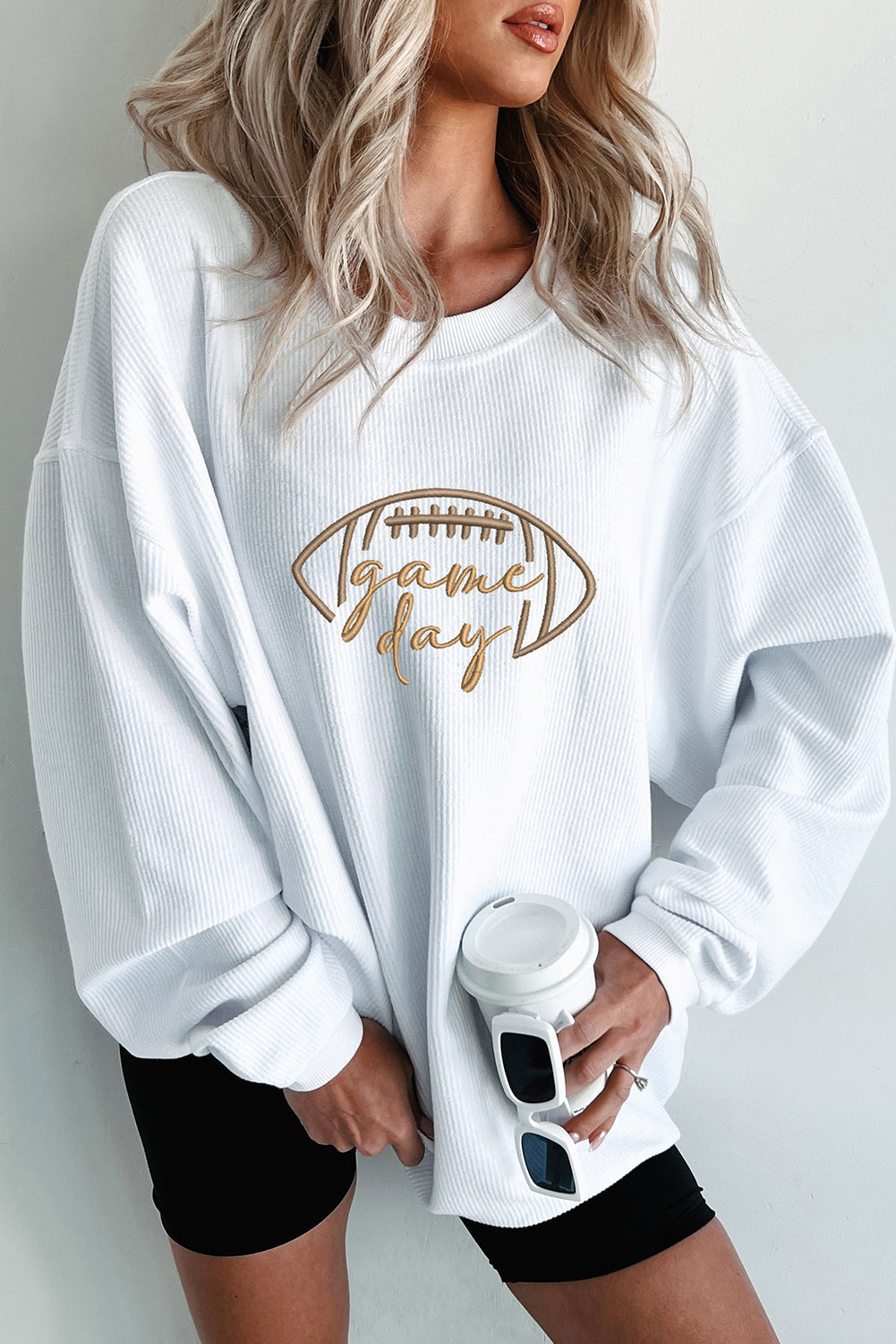 Black Football Graphic Game Day Embroidered Corded Sweatshirt