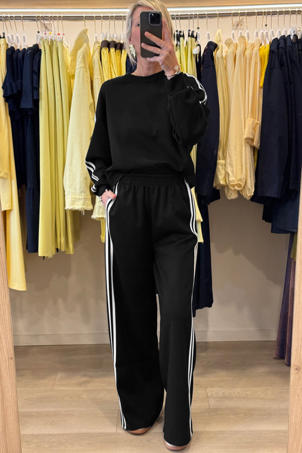 Dirty blue Varsity Striped Detail Crewneck Pullover Elastic Sweatpants 2pcs Outfit