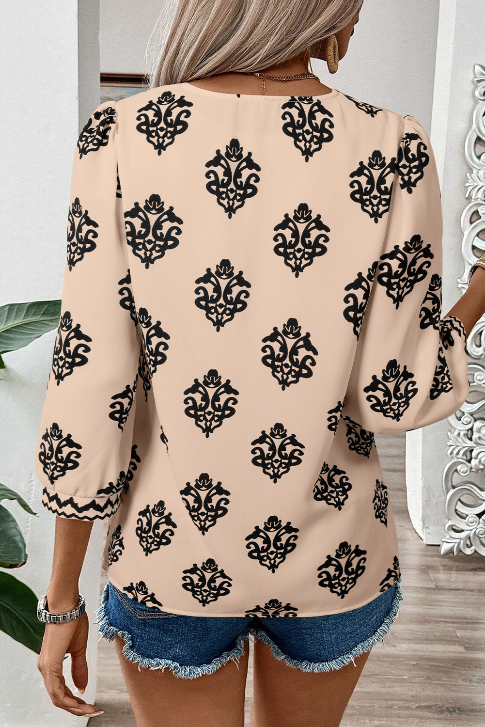 Green Damask Floral Print Contrast V Neck 3/4 Sleeve Blouse