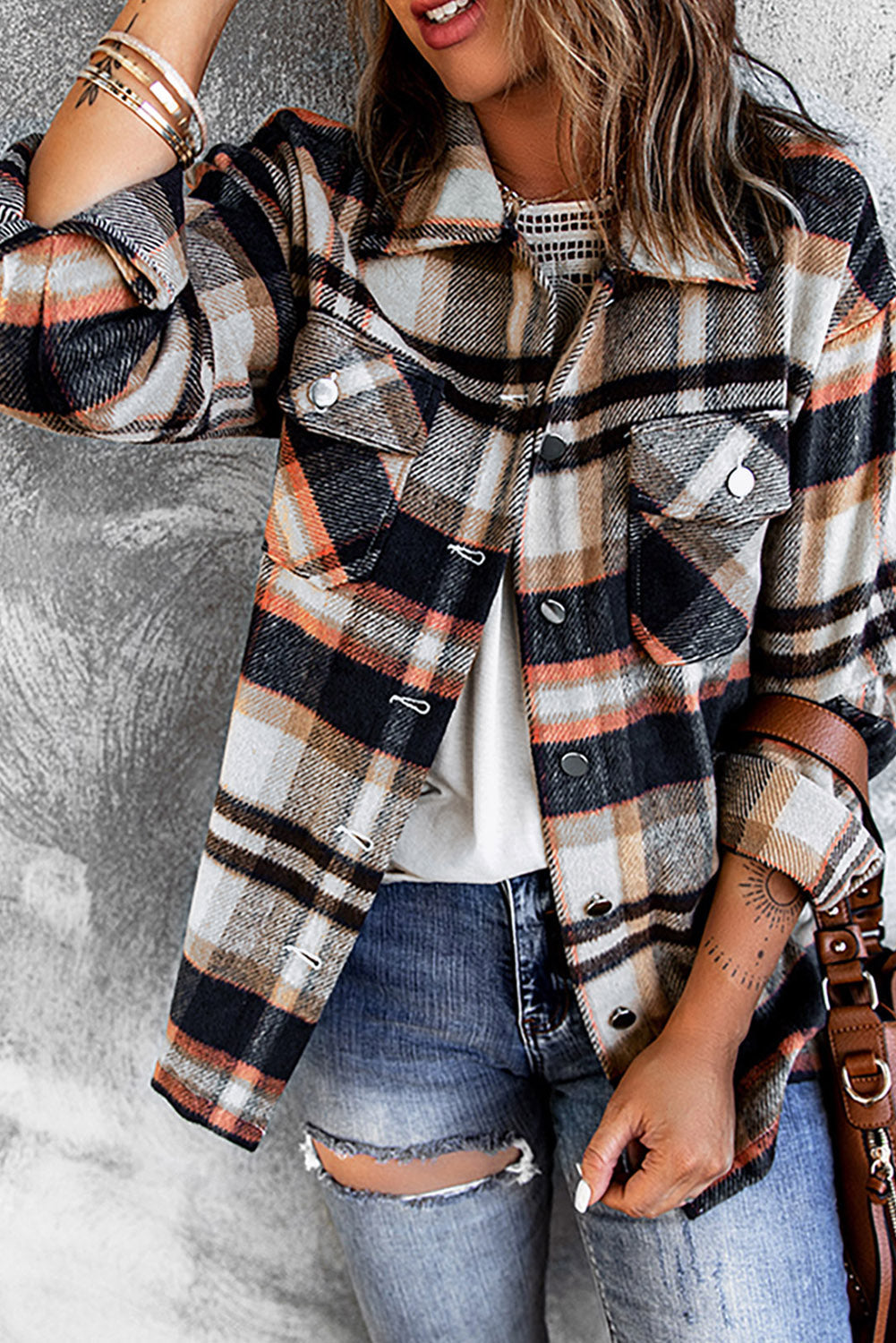 Green Geometric Plaid Print Pocketed Shacket