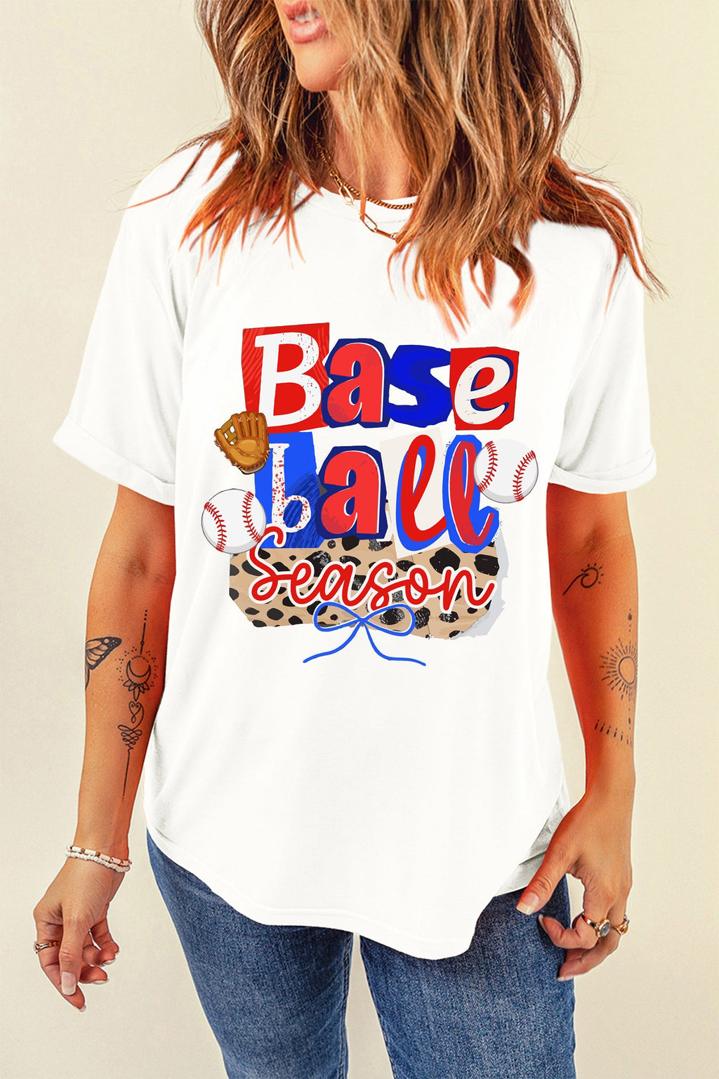 White Baseball Season Playful Printed T Shirt