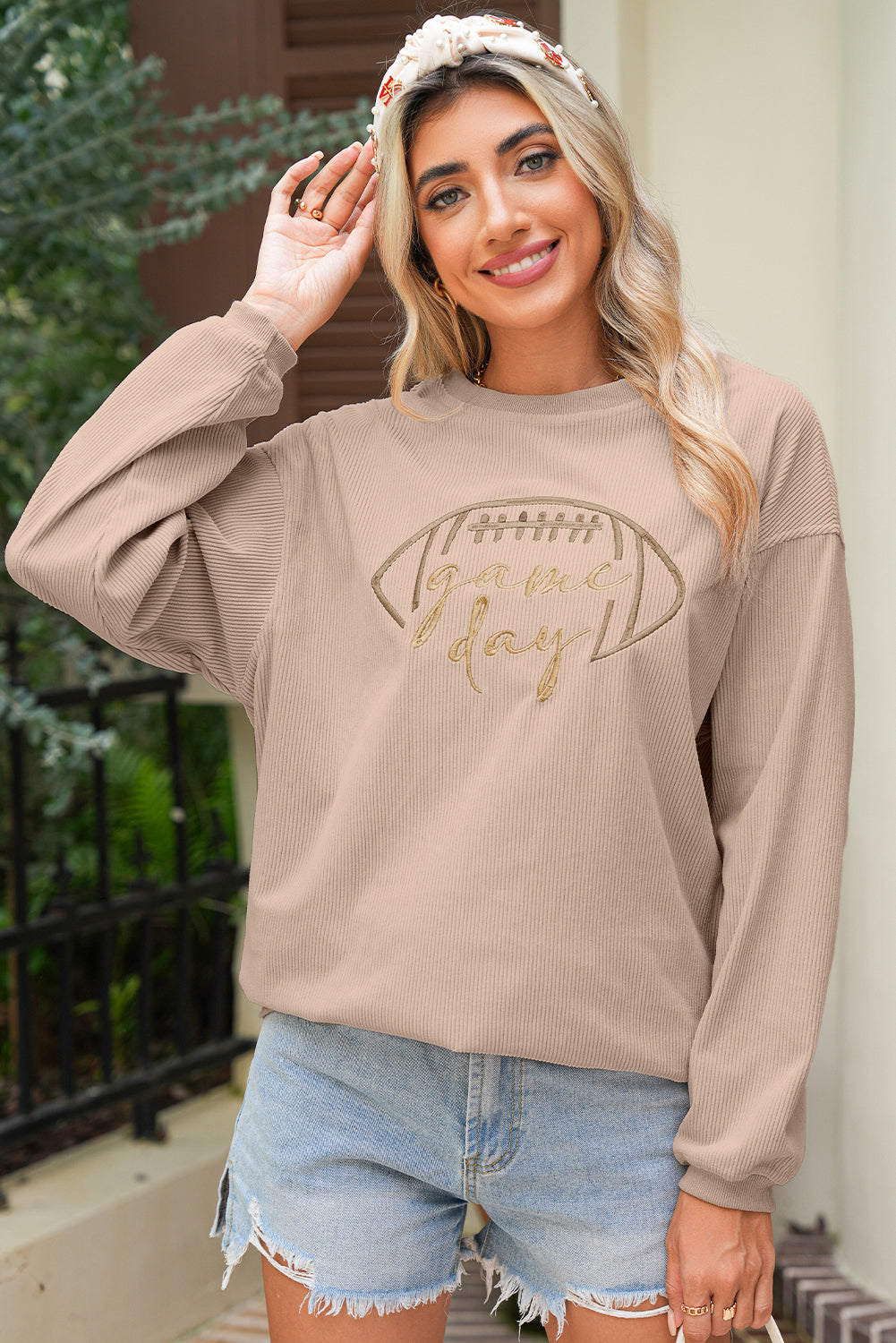 Black Football Graphic Game Day Embroidered Corded Sweatshirt