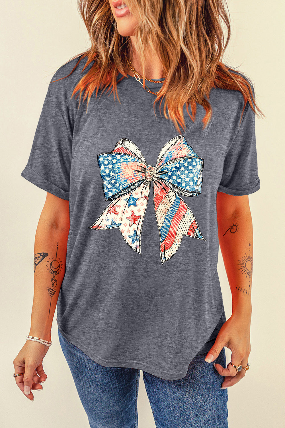Gray USA Flag Bow Print Round Neck Loose T Shirt