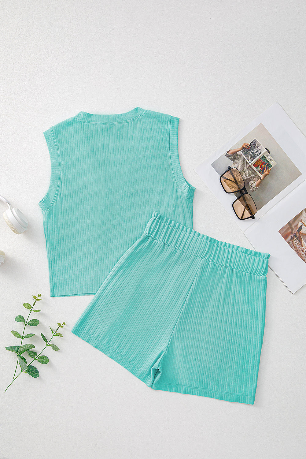 Gossamer Pink Ribbed Button V Neck Tank Top and Shorts Set