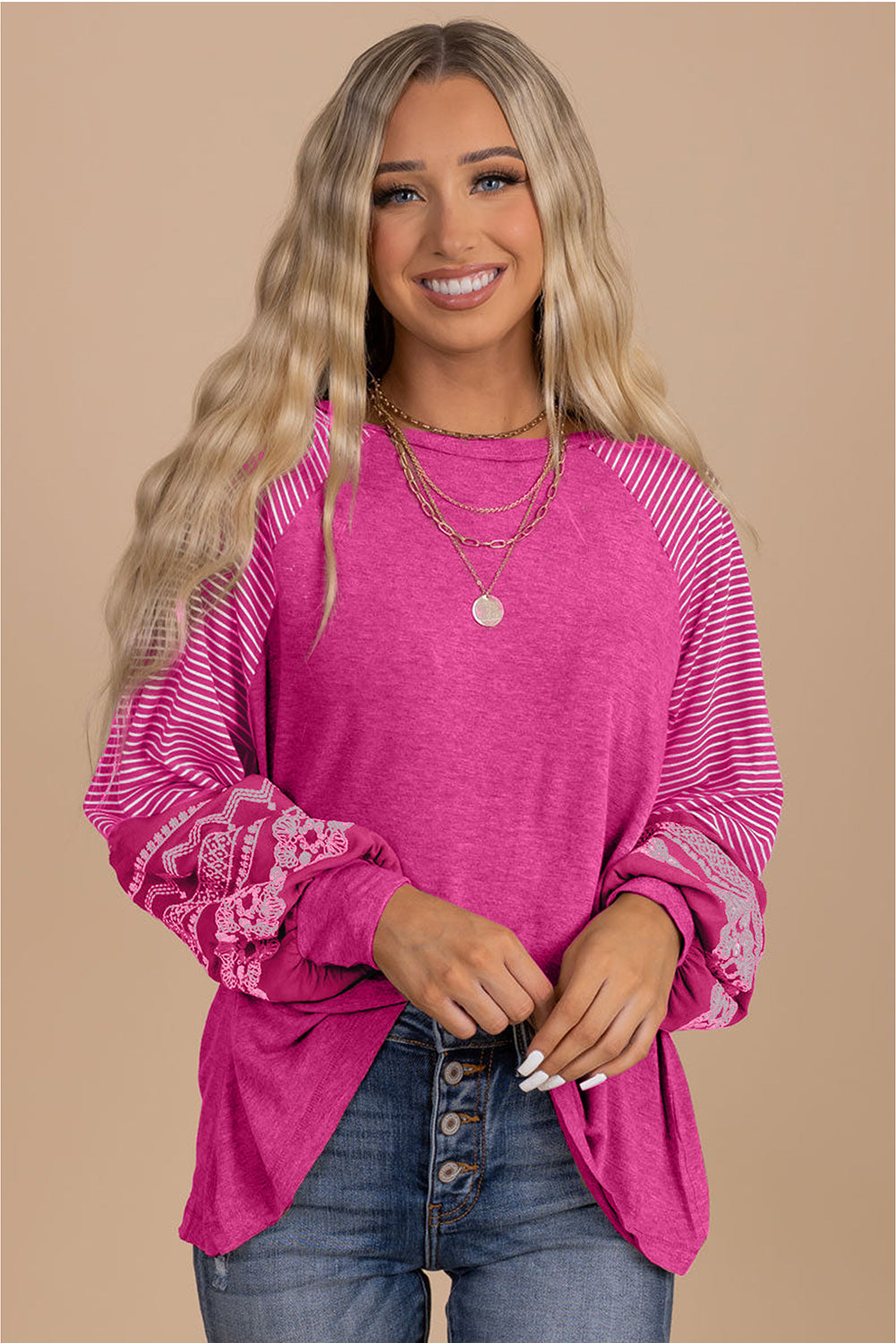 Tillandsia Purple Contrast Print Striped Raglan Long Sleeve Loose Top