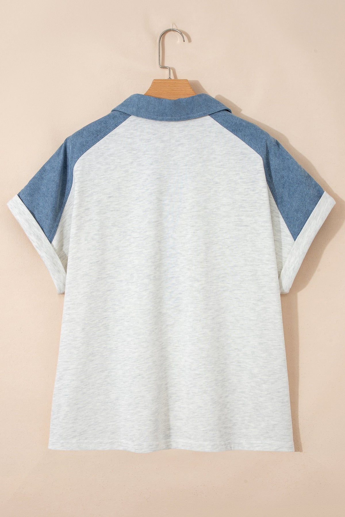 Beige Plus Size Contrast Denim Patchwork Cuffed Sleeve Polo Tee