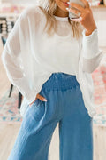 White Smocked Cuffs Semi Sheer Long Sleeve Dolman Blouse