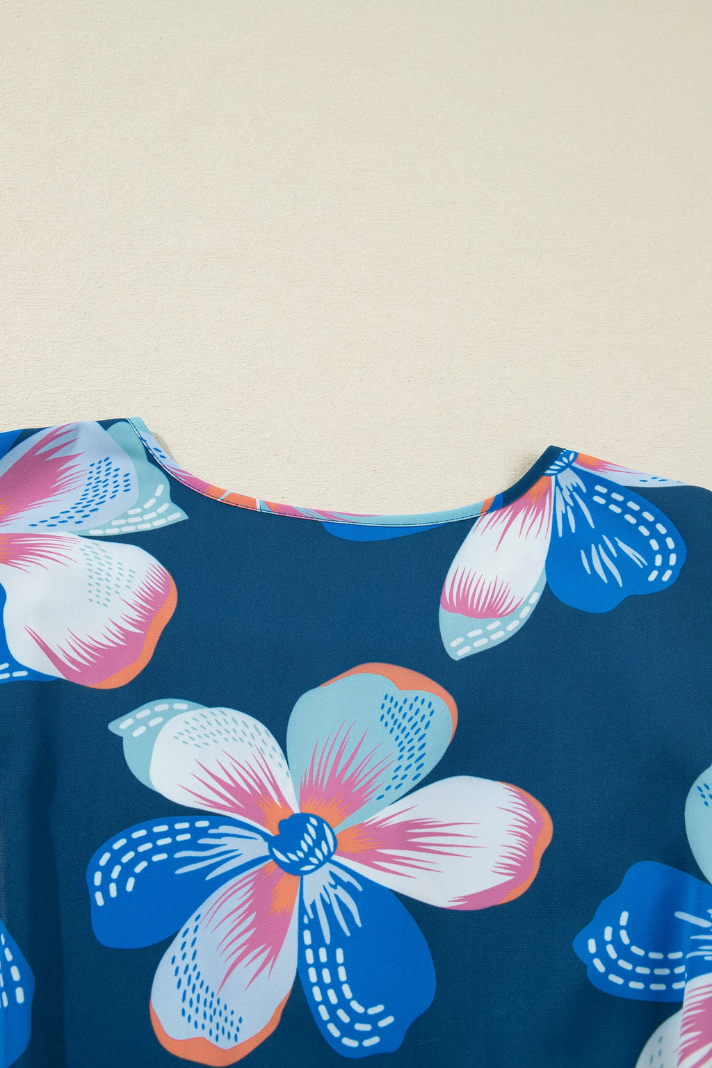 Blue Floral Print Short Puff Sleeve Ruffle Hem Belted Long Dress