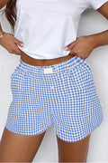 blue Red Plaid Gingham Printed High Waist Shorts