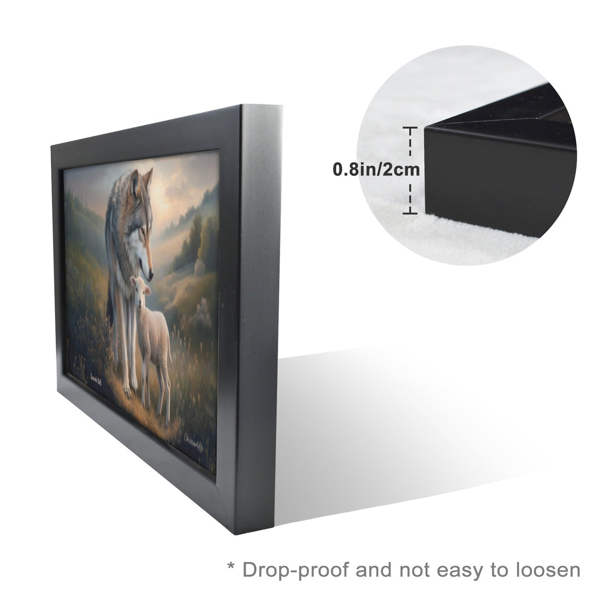 Framed- Wolf and Lamb, Christian Wall Art, Black Framed Canvas Print, Isaiah 11:6