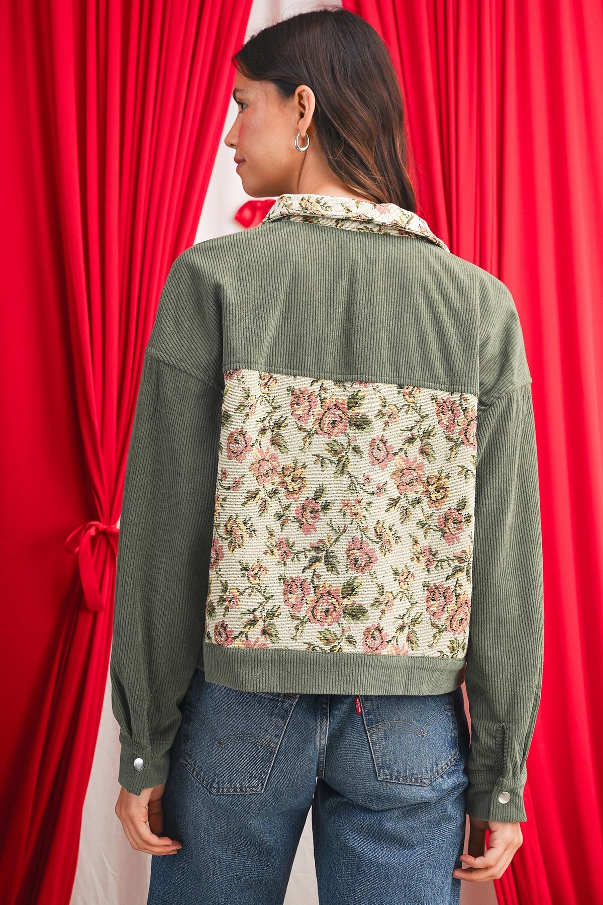 Clay Ribbed Retro Floral Patchwork Jacket