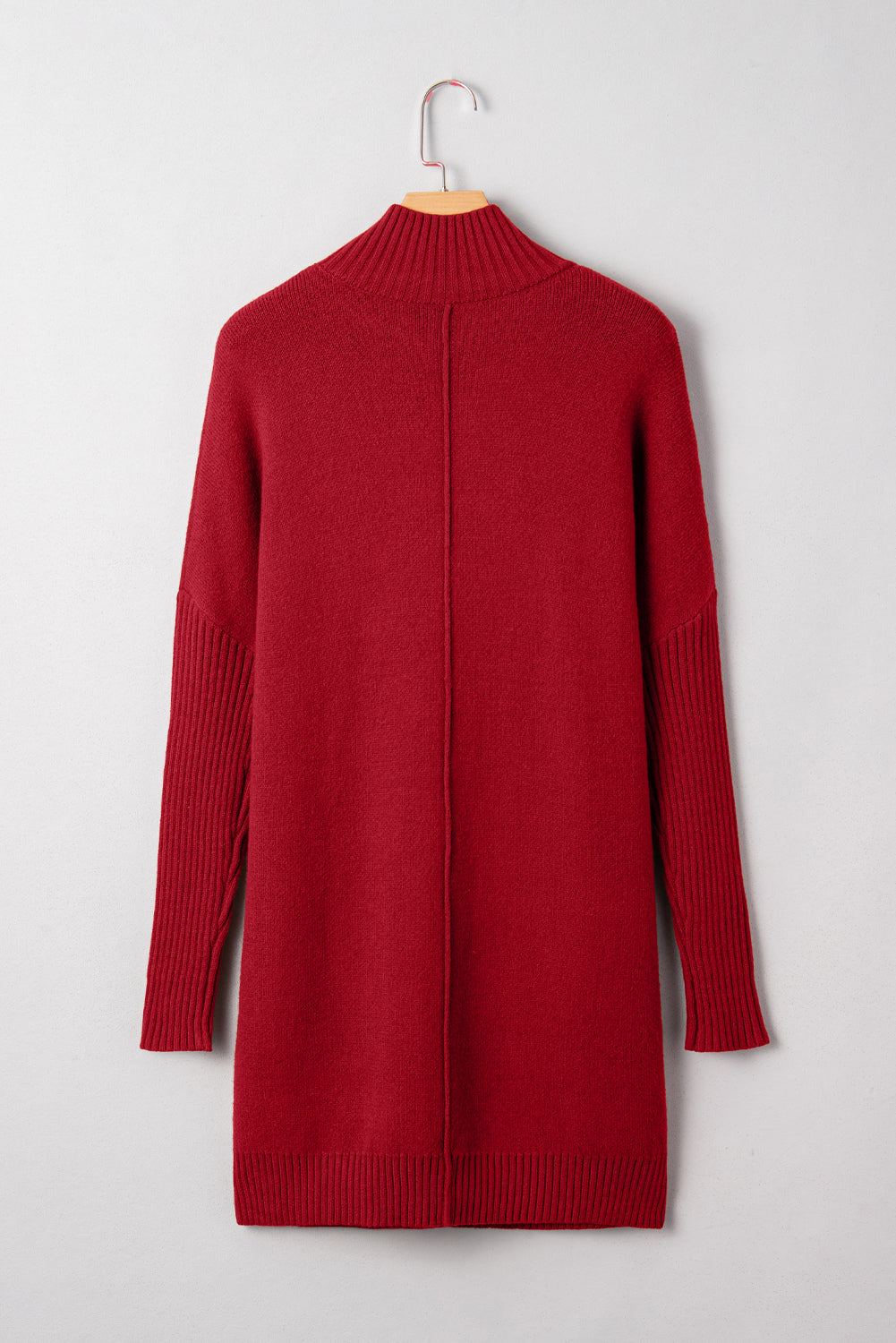 Chestnut Ribbed High Neck Front Pockets Center Seam Shift Sweater Dress