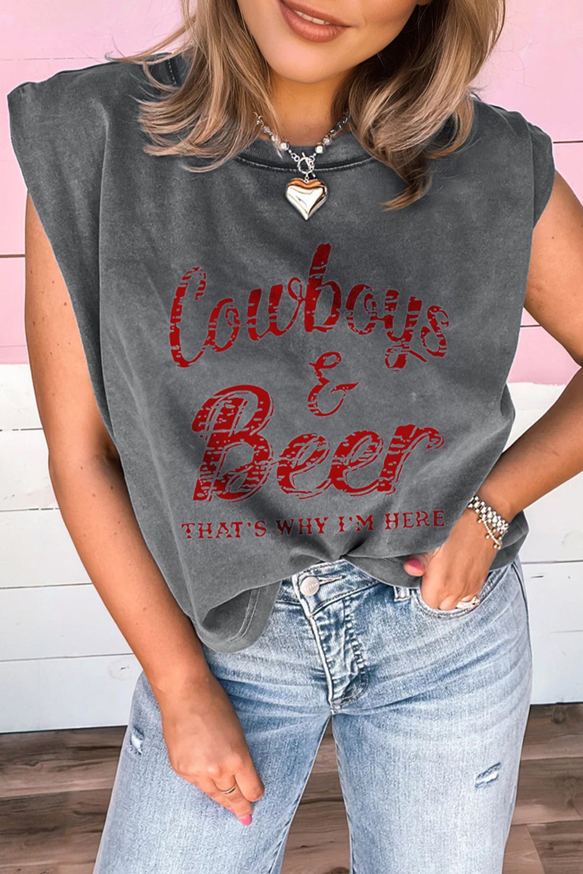 Smoke Gray Cowboy & Beer Western Graphic Mineral Wash Tank Top