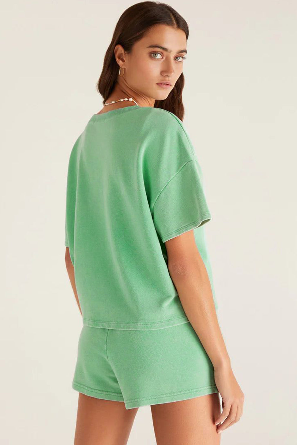 Mint Green V Neck Drop Shoulder Tee and Patchwork Shorts Set