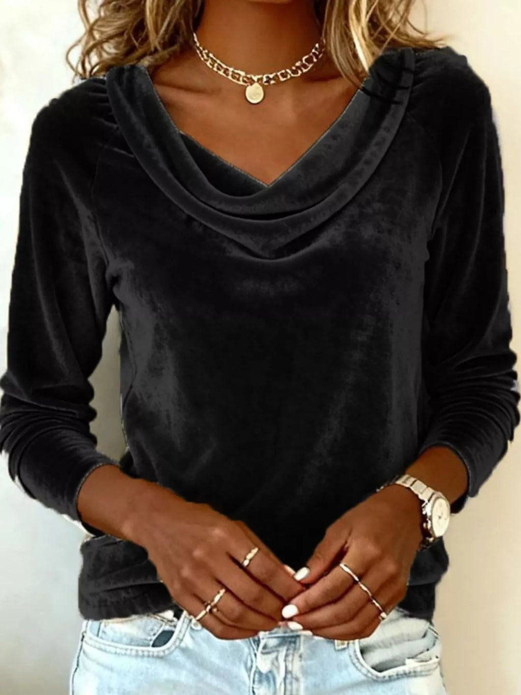 Velvet Cowl Neck Long Sleeve Top