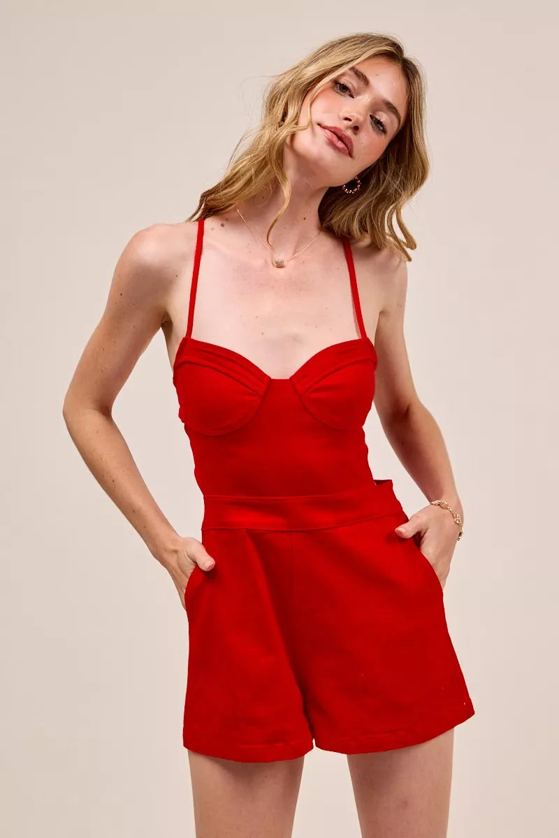 SO ME Fitted Open Back Game Day Romper with Lace Up Deta