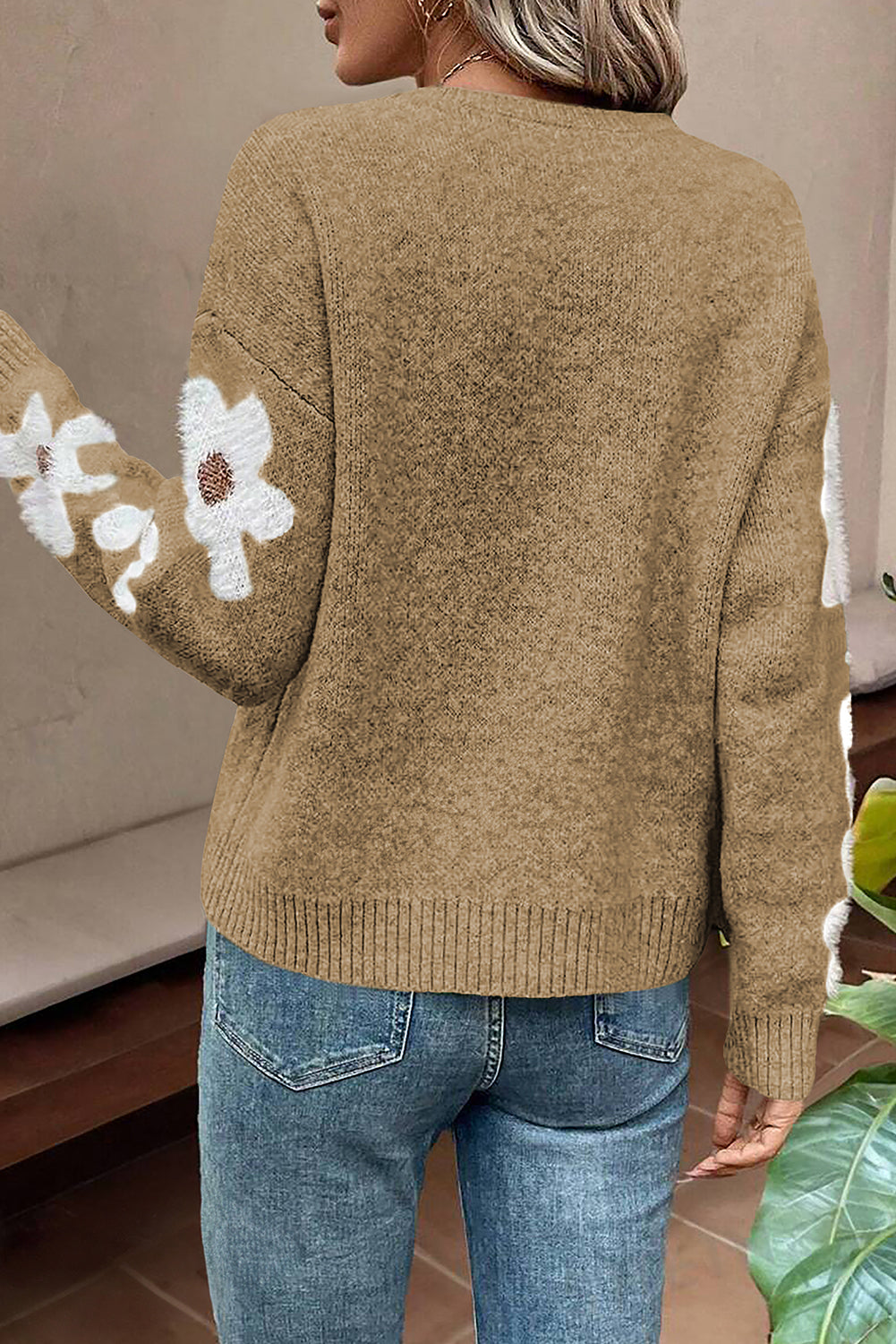 Moss Green Flower Sleeve Drop Shoulder Sweater