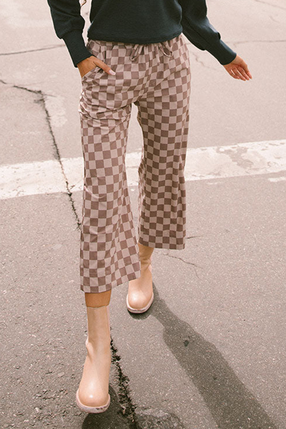 Khaki Tie Elastic Waist Checkered Loose Pants