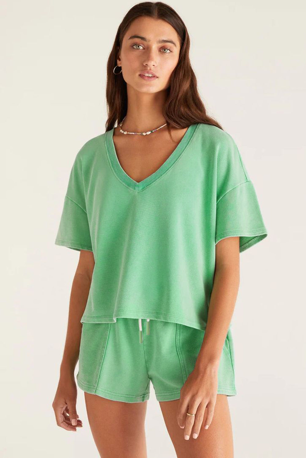 Mint Green V Neck Drop Shoulder Tee and Patchwork Shorts Set