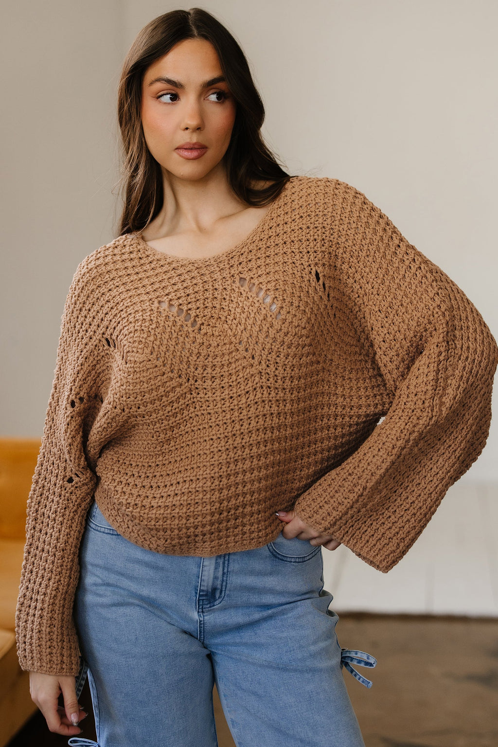 White Hollowed Detail Wide Sleeve Loose Pullover Sweater