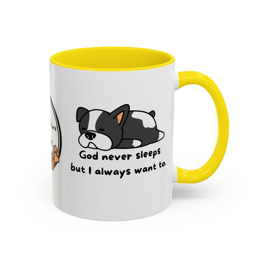 Christian "God never sleeps" 11 oz and 15oz Accent Mug, multiple colors, Christian Mug