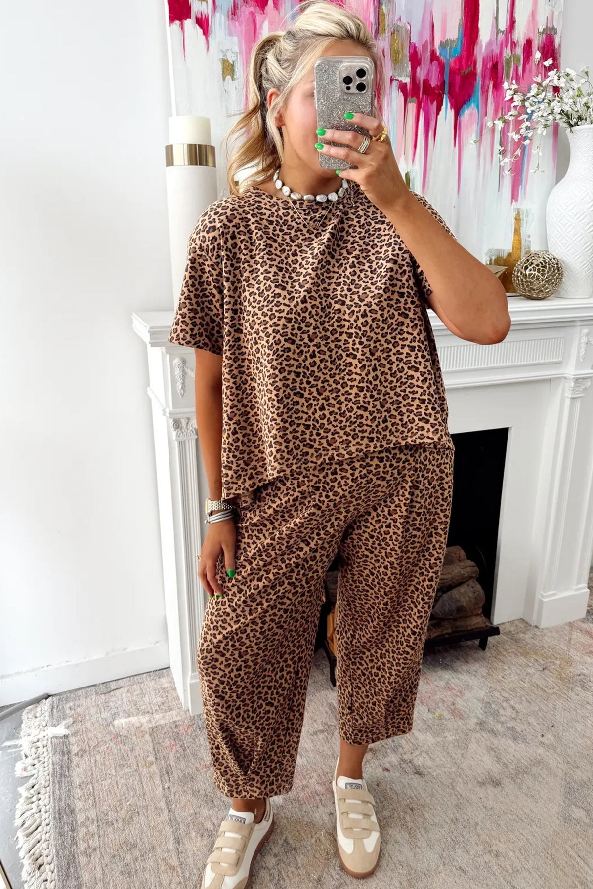 White Leopard High-Low Loose Tee Ankle Length Pants Set