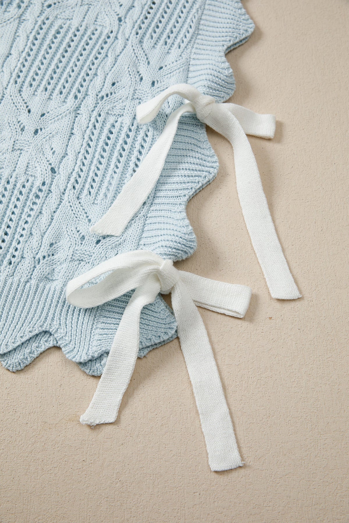 Mint Green Pointelle Knit Patterned Scalloped Trim Short Sleeve Sweater