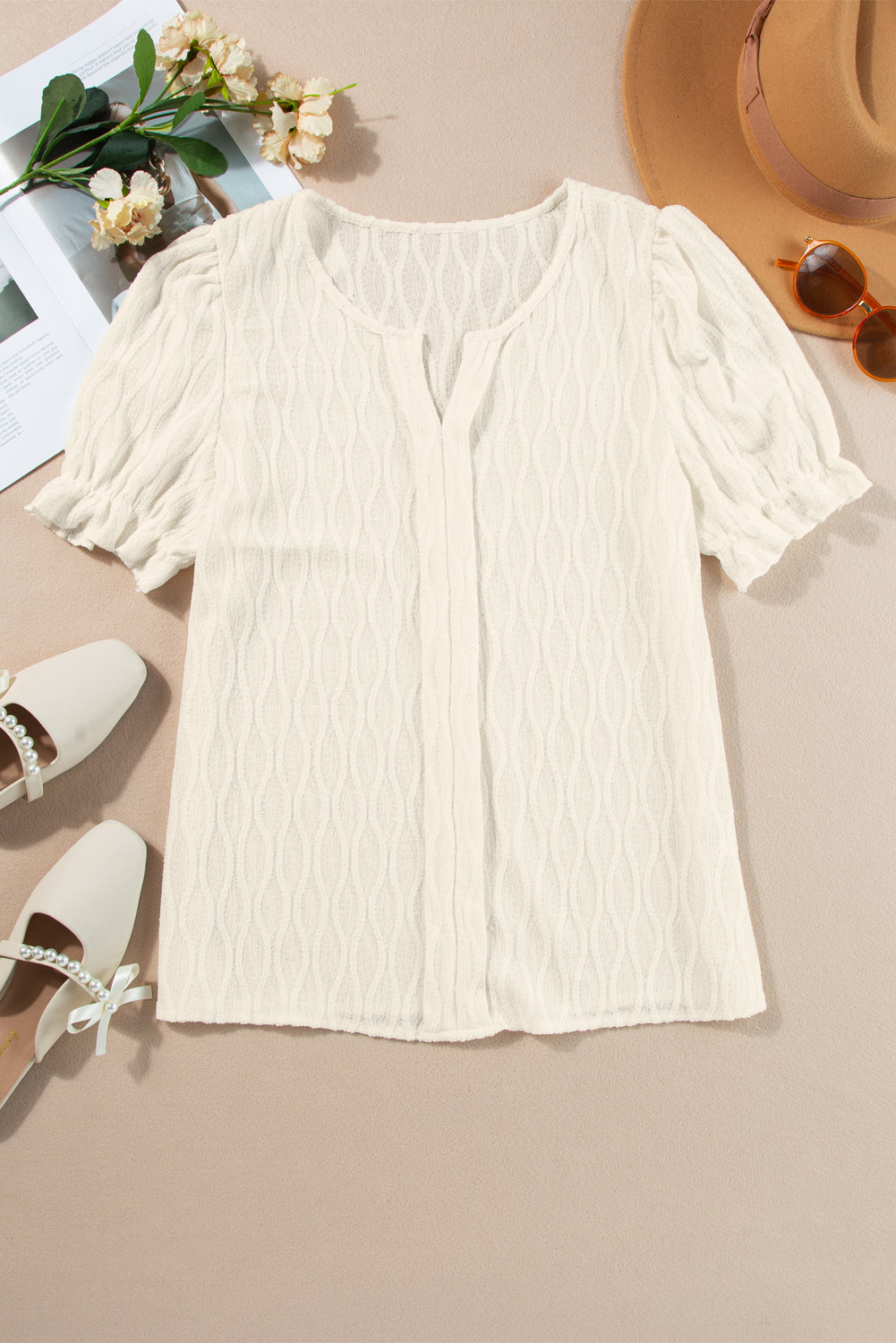 Beau Blue Solid Color Textured Notched Neck Puff Sleeve Blouse