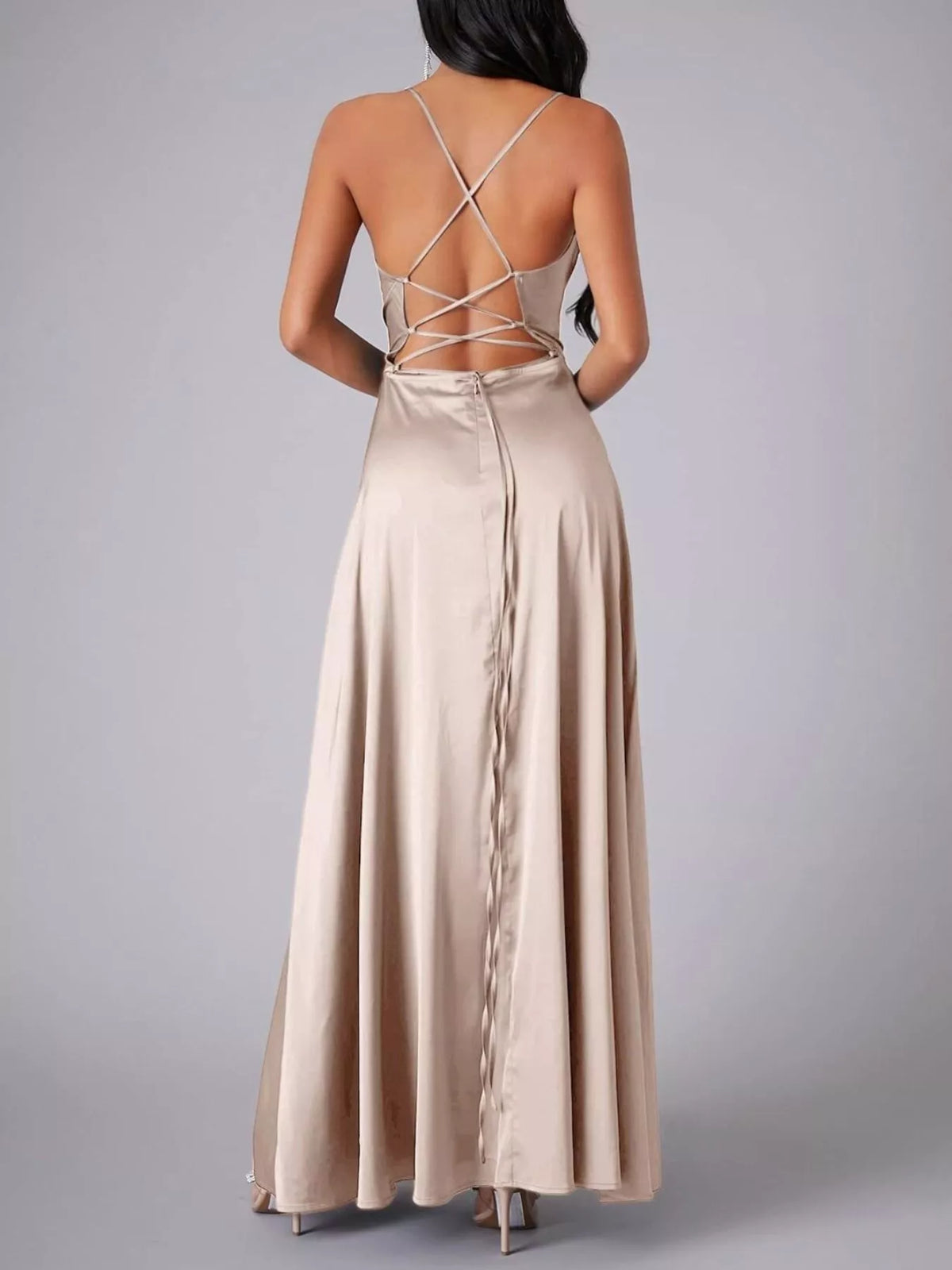 Lace Up Back Split Maxi Dress