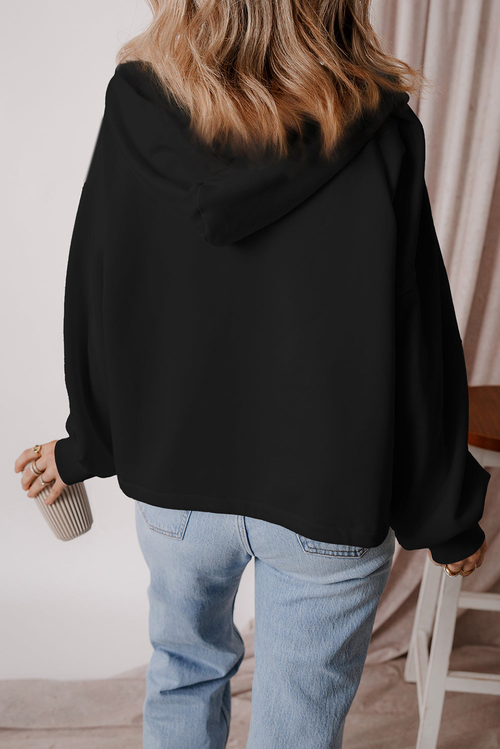Orange Half Zipper Kangaroo Pockets Drop Shoulder Hoodie
