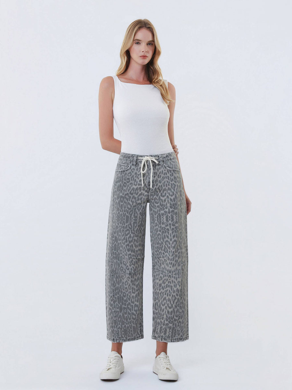 Kate Grey Leopard Barrel Drawstring Jeans
