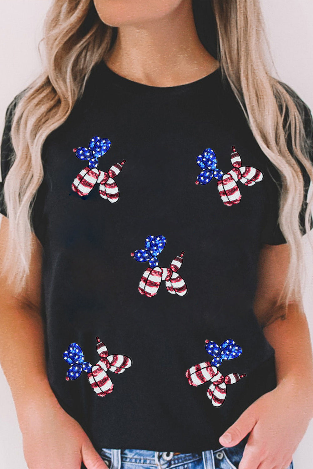 Black Patriotic Sequin Balloon Puppy Graphic Crewneck Tee