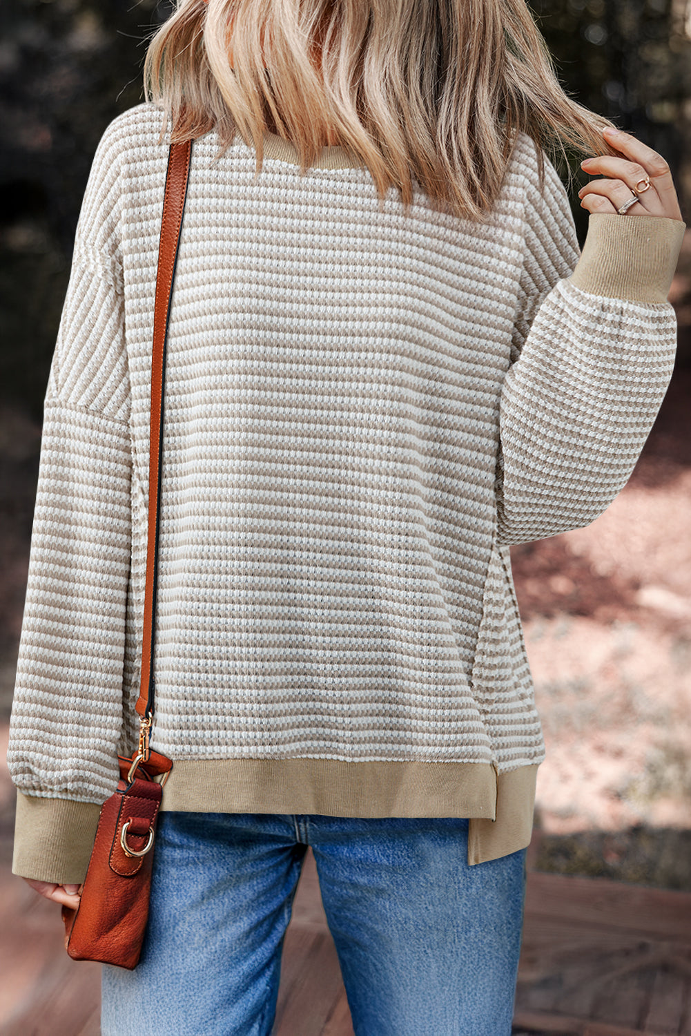 Black Stripe Ribbed Trim Drop Shoulder Long Sleeve Oversized Top