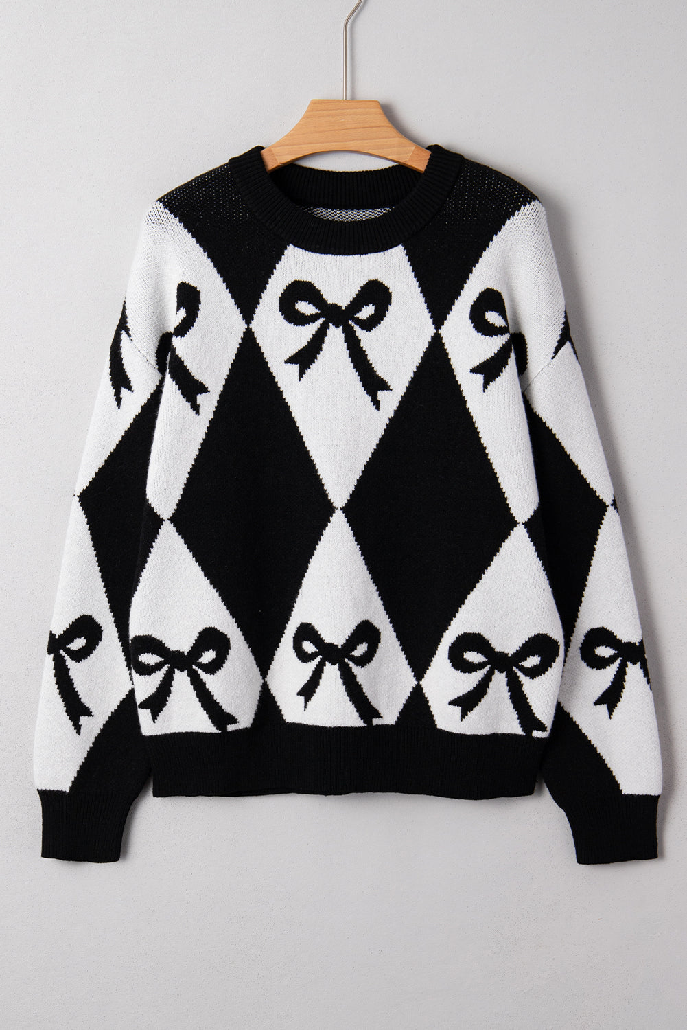Red Bow Print 2-tone Rhombus Knit Loose Sweater