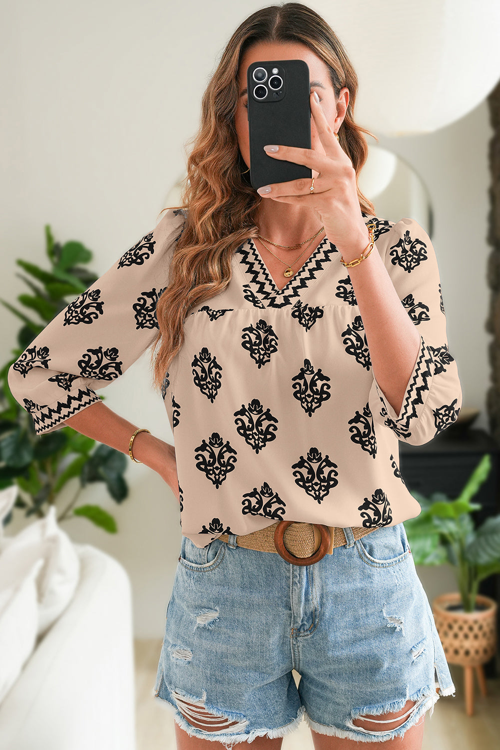 Green Damask Floral Print Contrast V Neck 3/4 Sleeve Blouse