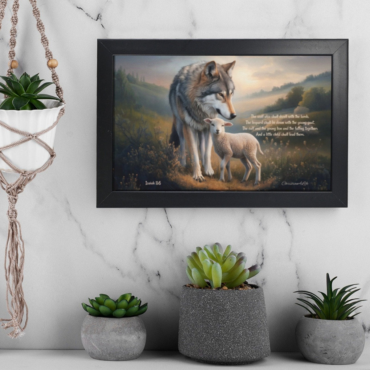 Framed - Wolf and Lamb with Isaiah 11:6 Quote, Christian Canvas, Black Frame