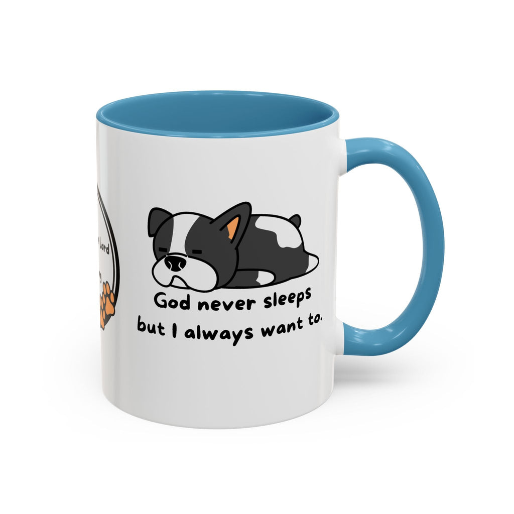 Christian "God never sleeps" 11 oz and 15oz Accent Mug, multiple colors, Christian Mug