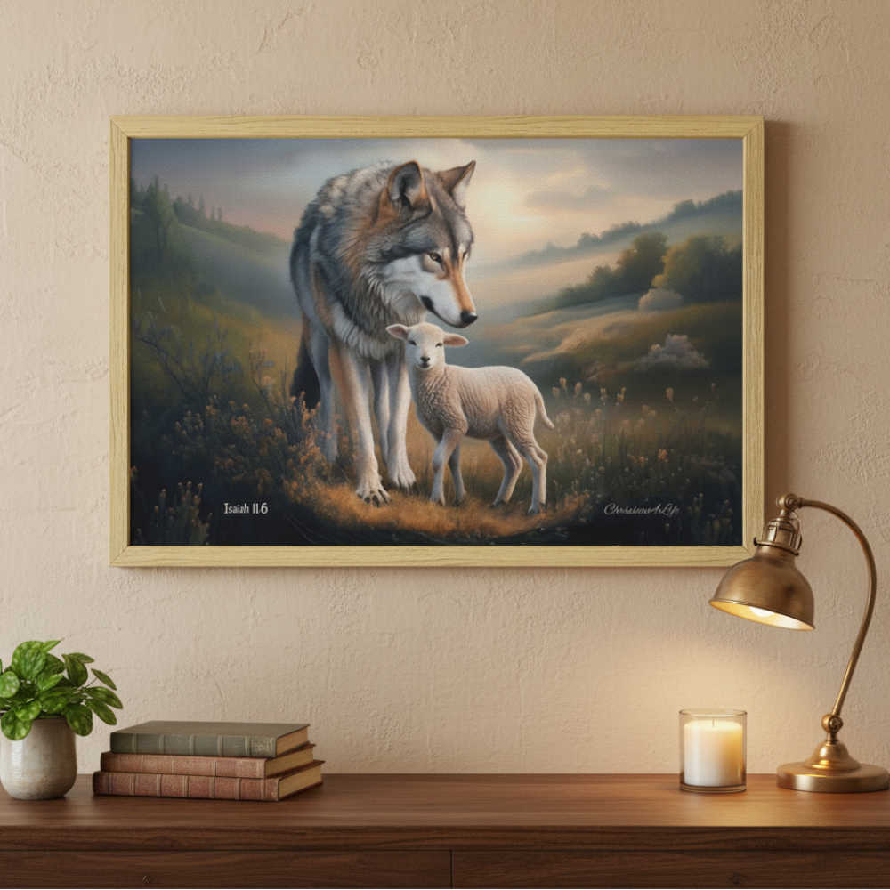 Framed - Wolf and Lamb Christian Canvas, Wooden Frame