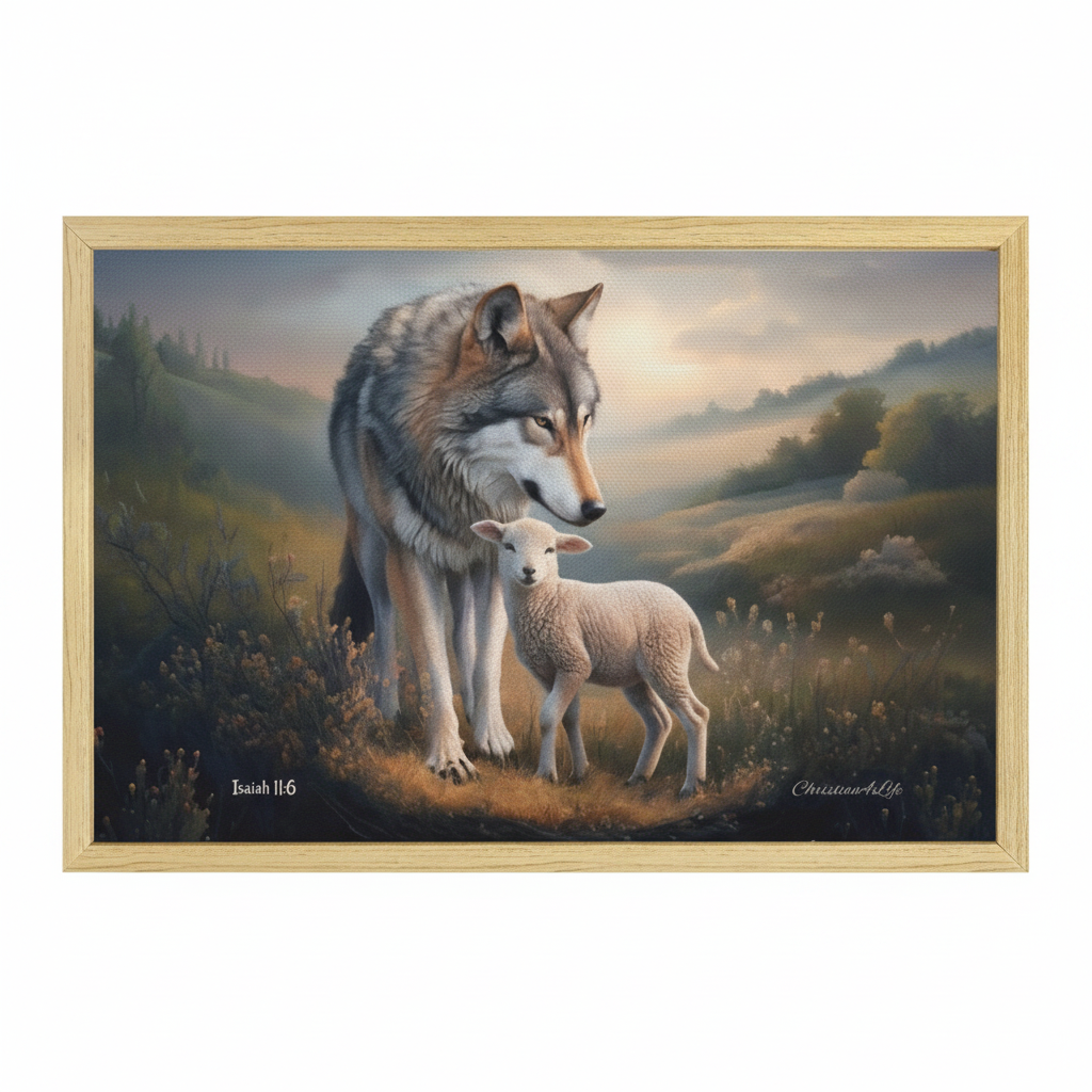 Framed - Wolf and Lamb Christian Canvas, Wooden Frame