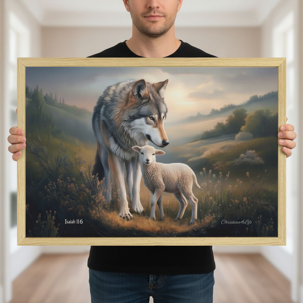 Framed - Wolf and Lamb Christian Canvas, Wooden Frame