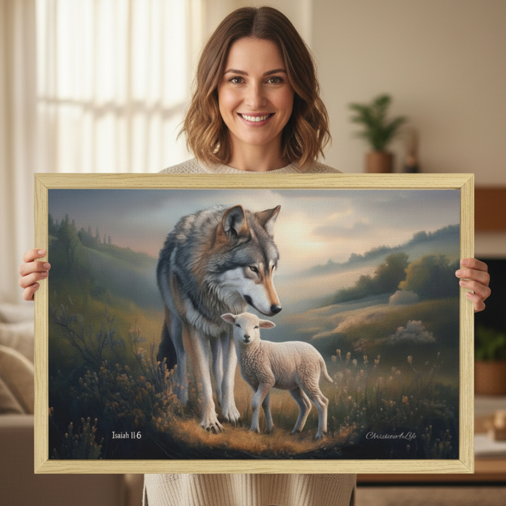 Framed - Wolf and Lamb Christian Canvas, Wooden Frame